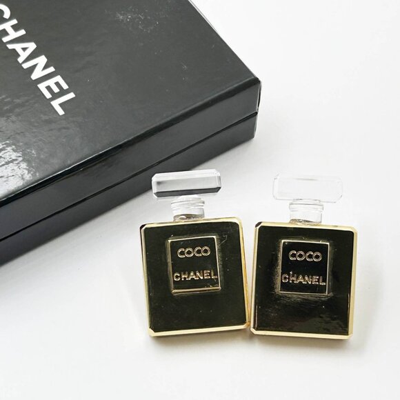 Chanel Vintage Gold Plated Perfume Bottle Large Clip on Earrings Miley Cyrus - Picture 3 of 4